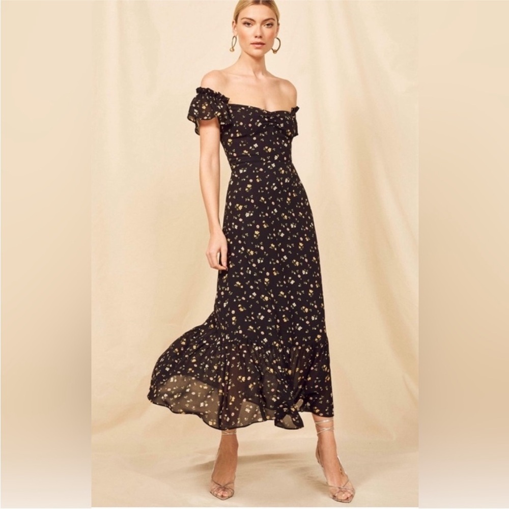 Reformation Black Floral Off-Shoulder Midi Dress